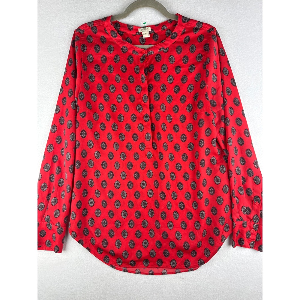 J.Crew Womens Red Medallion Print Split Neck Long Sleeve Blouse A9106 Size M
